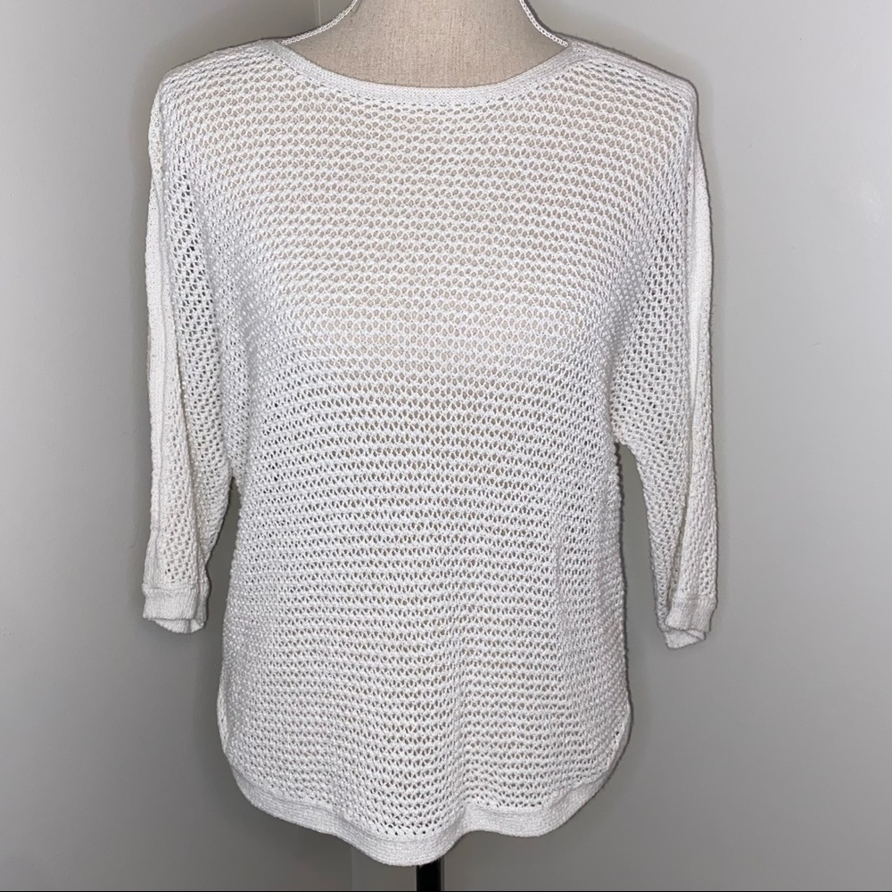 J Jill white open loose weave 3/4 length sleeve ballet neck sweater size XS